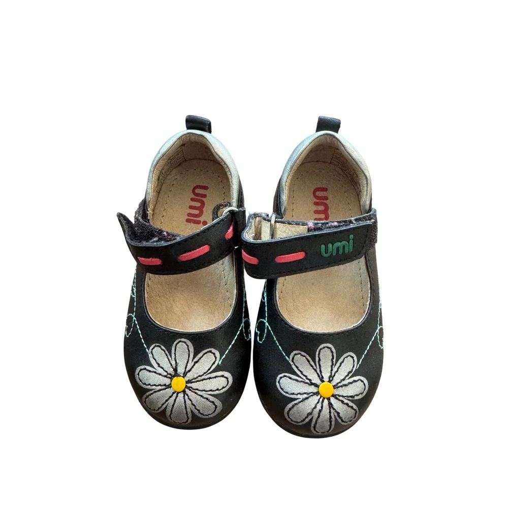 Umi Girls Black Leather‎ Flower Mary Jane Shoes Size 20 EUR 5C Toddler